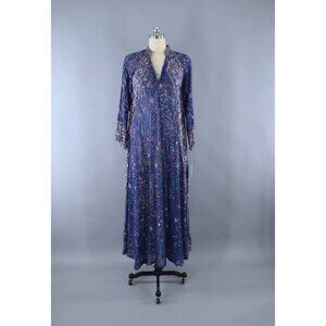 Vintage 1970s Indian Maxi Dress OH CALCUTTA Cotton Gauze A Line Blue Metallic